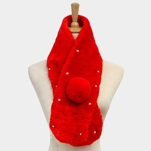 Red Faux Fur Pearl Style Pull Through Scarf Collar Cute Winter Fashion Accessory